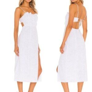 Majorelle Harper Midi Dress in white cotton with a subtle purple flower print